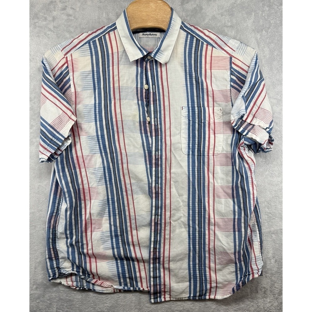 Tommy Bahama Plaid Button Front Short Sleeve Hawaiian Shirt USA Theme Mens 2XL